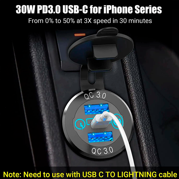 Автомобильная быстрая врезная зарядка 48 Вт, USB и Type C, кнопка, QC3.0, 12-24 В (DS2013-P13) - изображение 5
