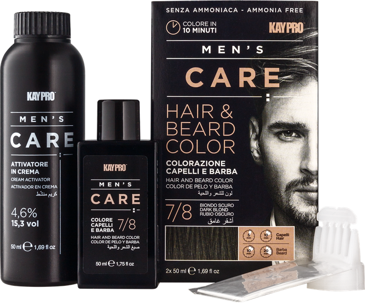 Набор для окрашивания волос и бороды Темный блондин KayPro MEN'S CARE для мужчин (ф 50мл + ок 50мл) 7-8 - Фото 1 Набор для окрашивания волос и бороды Темный блондин KayPro MEN'S CARE для мужчин (ф 50мл + ок 50мл) 7-8 - изображение 1