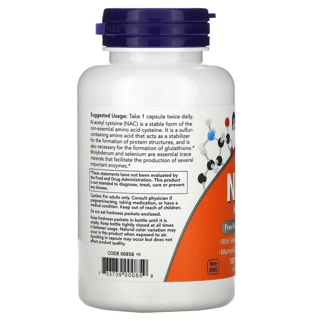 Ацетилцистеїн Now Foods (NAC) 600 мг 100 рослинних капсул - Фото 3 Ацетилцистеїн Now Foods (NAC) 600 мг 100 рослинних капсул - зображення 3