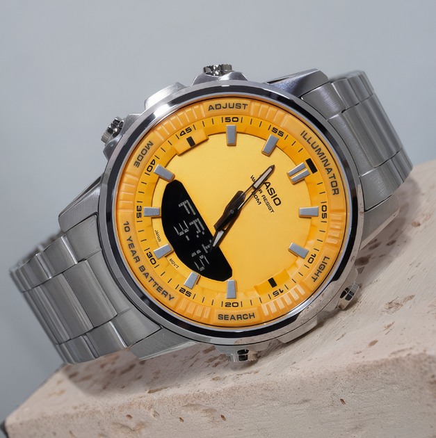 Мужские часы CASIO AMW-880D-9AVDF в серебристом исполнении с желтым циферблатом. - изображение 2