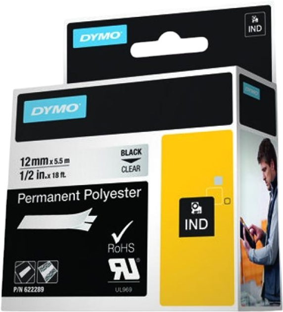 Стрічка для етикеток Dymo Rhino Permanent Polyester 12 мм x 5.5 м Black/Transparent (71701222893) - зображення 3