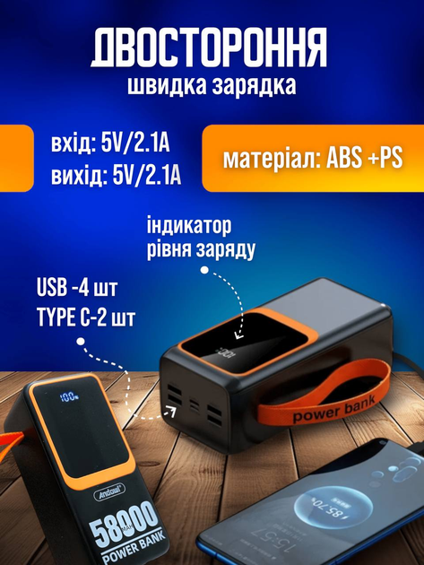 Повербанк умб 50000 mah 22.5w с быстрой зарядкой pd и встроенными кабелями type c lightning Andowl power bank Q-TD88 павербанк для телефона планшета айпада устройств powerbank внешний портативный аккумулятор повербанки большой емкости черный - изображение 4