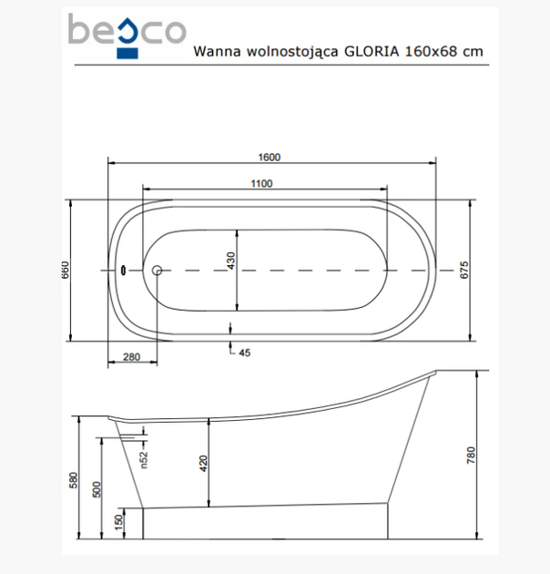 Ванночка отдельно стоящая GLORIA 160X68 БЕСКО польский производитель - изображение 2