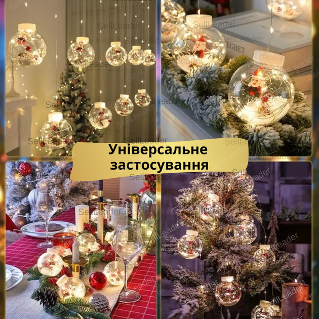 Гирлянда шарики «Дед мороз» новогодняя светодиодная 3м штора праздничная на стену окна елку дома с режимами - Фото 4 Гирлянда шарики «Дед мороз» новогодняя светодиодная 3м штора праздничная на стену окна елку дома с режимами - изображение 4