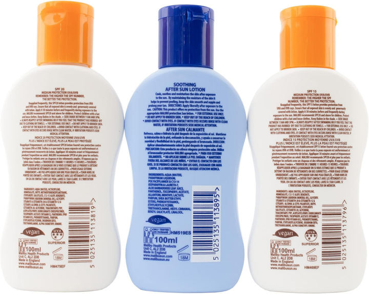 Zestaw podróżny Malibu Balsam do opalania Spf 15 100 ml + Balsam do opalania Spf 20 100 ml + Balsam po opalaniu 100 ml (5025135114427) - obraz 3
