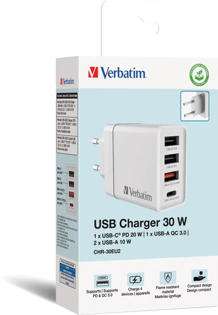 Ładowarka sieciowa Verbatim USB 30W, PD 3.0/QC 3.0 White (49701) - obraz 2