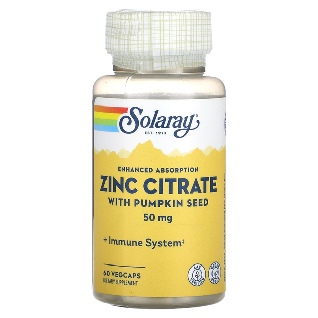 Цинк Цитрат Solaray (Zinc Citrate) 50 мг 60 вегетарианских капсул ...