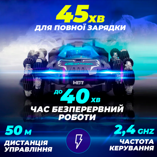 Машинка на радіокеруванні дрифт велика для вулиці з музикою та димом повнопривідна для дітей двостороння розворот 360 трюковий перевертень пульті управління всюдихід чорна розмір 27 х 18 х 9 см (10115) - зображення 5
