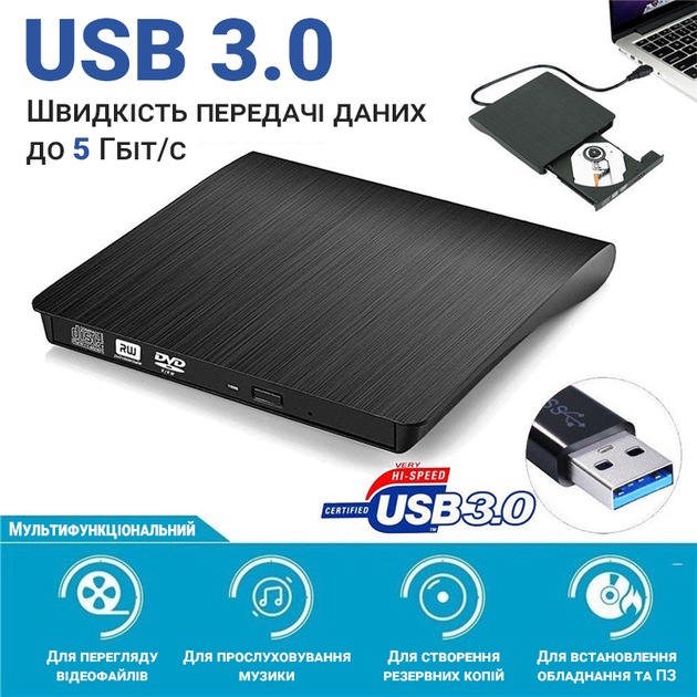 USB 3.0 внешний дисковод Addap EDB01 | портативный оптический дископривод для компьютера, ноутбука, считыватель CD-RW, DVD-RW - изображение 5