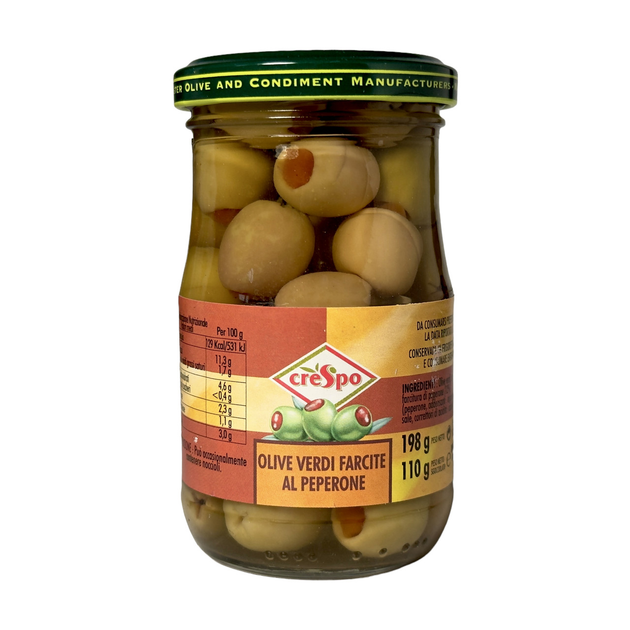 Оливки зелені Crespo фаршировані перцем olive verdi farcine al peperone, 198 г (110 г нетто) - зображення 1