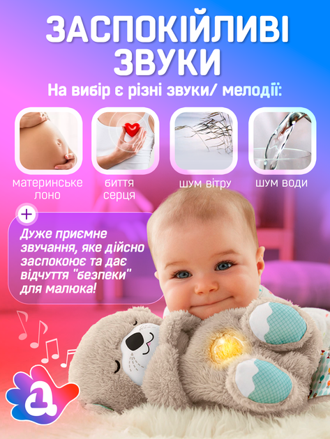 Дышащая мягкая игрушка Выдра для сна с белым шумом мелодиями светом и реалистичными звуками дыхания и сопения как у младенца (774456-8) - изображение 6