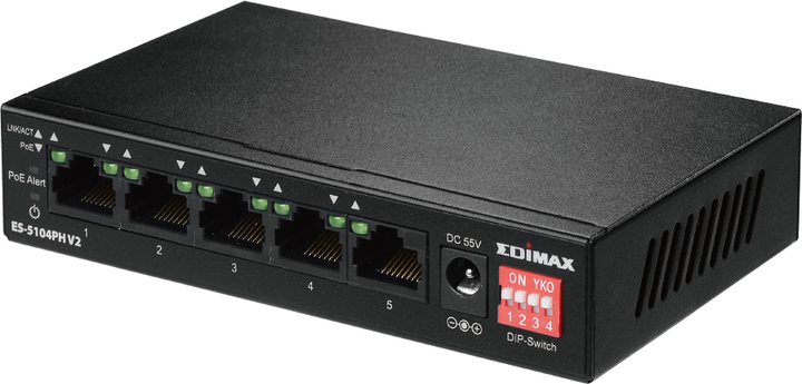Комутатор Edimax Long Range 5-Port Fast Ethernet Switch with 4 PoE+ Ports & DIP Switch Black (ES-5104PH V2) - зображення 3