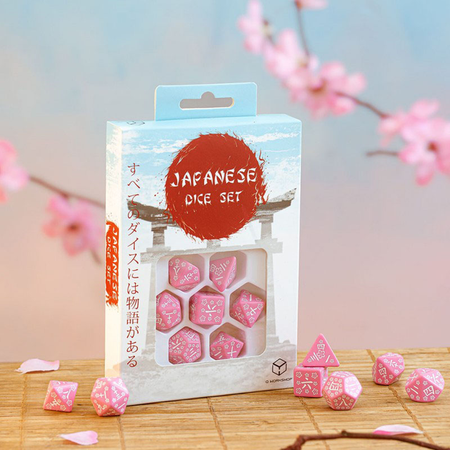 Набір кісток Q-Workshop Japanese Dice Kit Sweet Spring Memory з японським гравіюванням 7 деталей Рожеві (5907699496600) - зображення 2