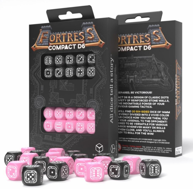 Zestaw kości Q-Workshop Fortress Compact D6 RPG Dice Kit Forteca 20 elementów Czarne i Różowe (5907699497416) - obraz 1