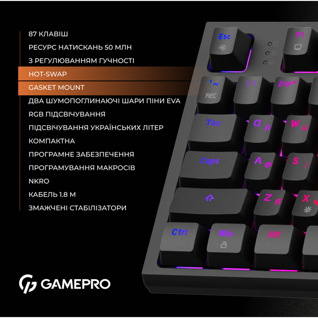 Клавіатура GamePro MK180B Hot-Swap Red Swich RGB USB UA Black (MK180B) - зображення 11