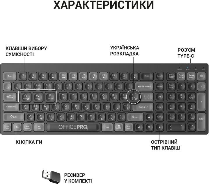Клавіатура бездротова OfficePro SK985B Wireless/Bluetooth Black (SK985B) - зображення 7