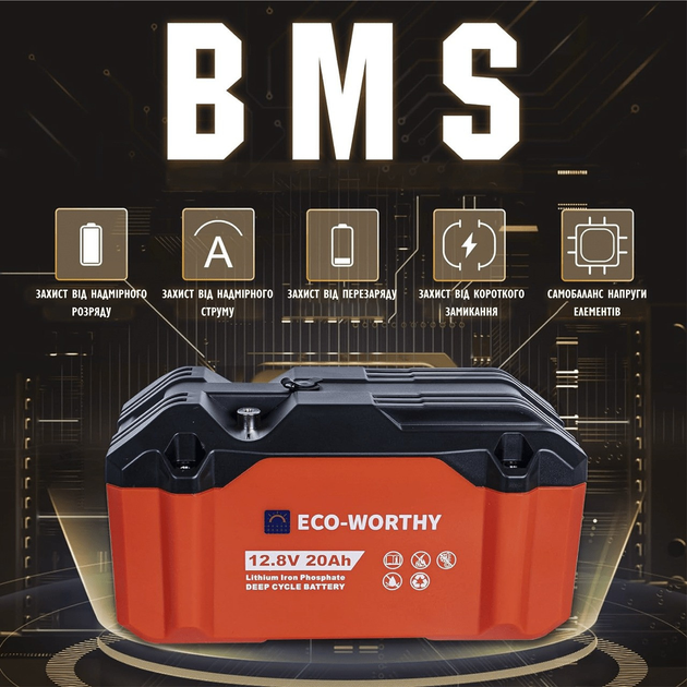 Аккумуляторная батарея ECO-WORTHY LiFePO4 12V 20Ah (256Wh), 4000+ циклов - изображение 3