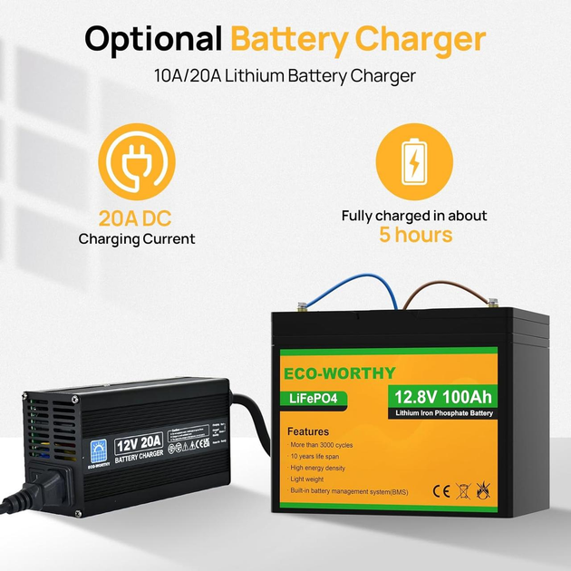 Аккумулятор Eco Worthy LiFePO4 12V 100Ah (1280Wh) со встроенным BMS, 3000+ циклов - изображение 6