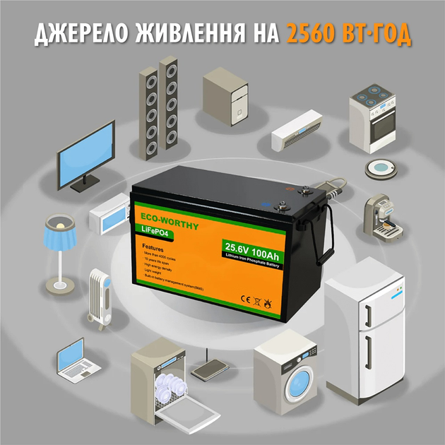 Аккумулятор Eco Worthy LiFePO4 24V 100Ah (2560Wh) со встроенным BMS, 3000+ циклов - изображение 3
