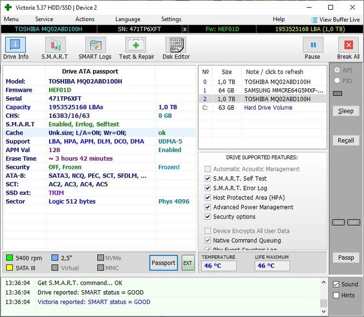 SSHD 2.5 1TB+8GB MLC NAND Toshiba mq02abd100h 5400/64mb s/n 6xft б/в - Фото 2 SSHD 2.5 1TB+8GB MLC NAND Toshiba mq02abd100h 5400/64mb s/n 6xft б/в - зображення 2