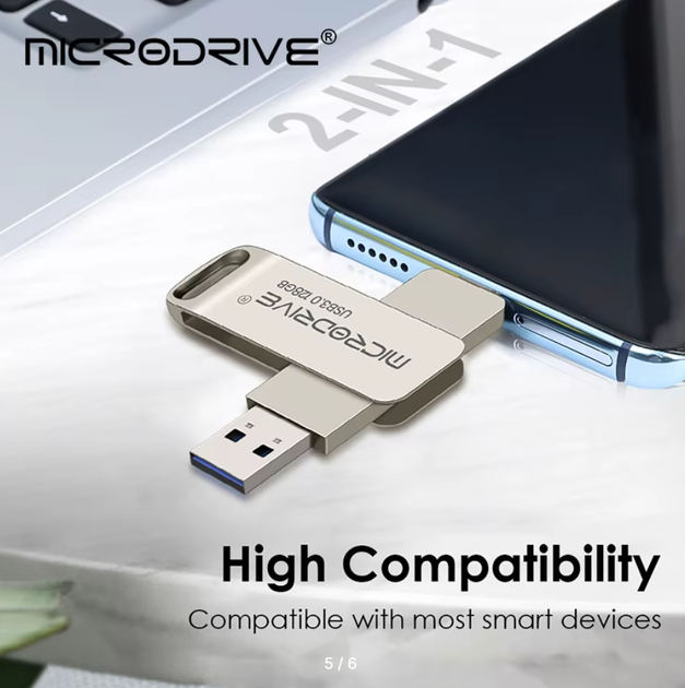 Флешка 2в1 MicroDrive 128 GB Type-C USB 3.0 для телефона и компьютера Silver Top - изображение 5