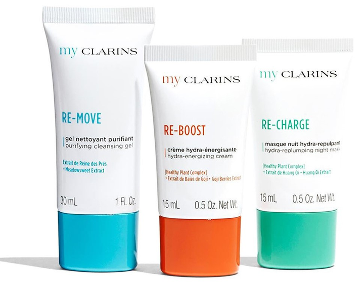 Набір My Clarins Очищувальний гель Re-move 30 мл + Зволожуючий крем Re-boost 15 мл + Маска для сну Re-charge 15 мл (3666057239960) - зображення 2