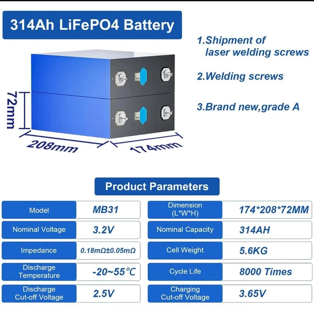 Аккумуляторные ячейки EVE 3.2V 314Ah LiFePO4 Grade A MB31 для