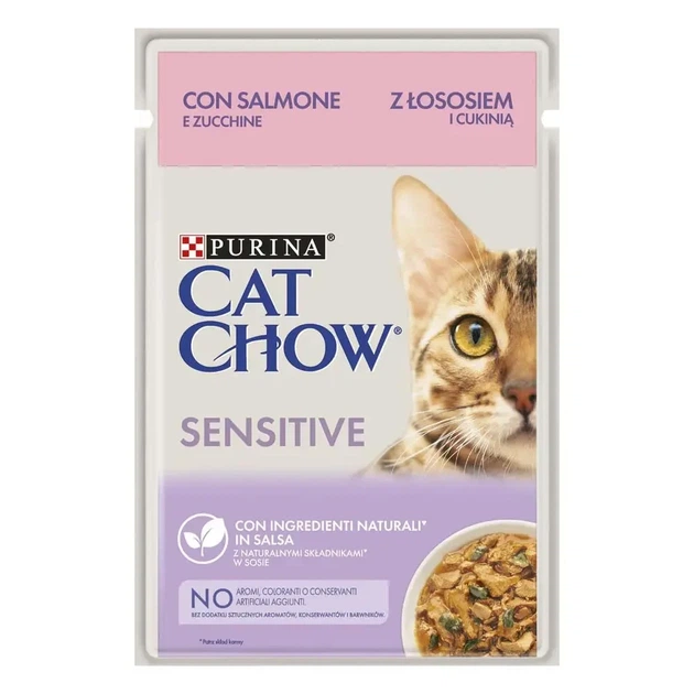 Вологий корм CAT CHOW Sensitive для дорослих котів шматочки у підливці з лососем та цукіні 85 г - Фото 1 Вологий корм CAT CHOW Sensitive для дорослих котів шматочки у підливці з лососем та цукіні 85 г - изображение 1