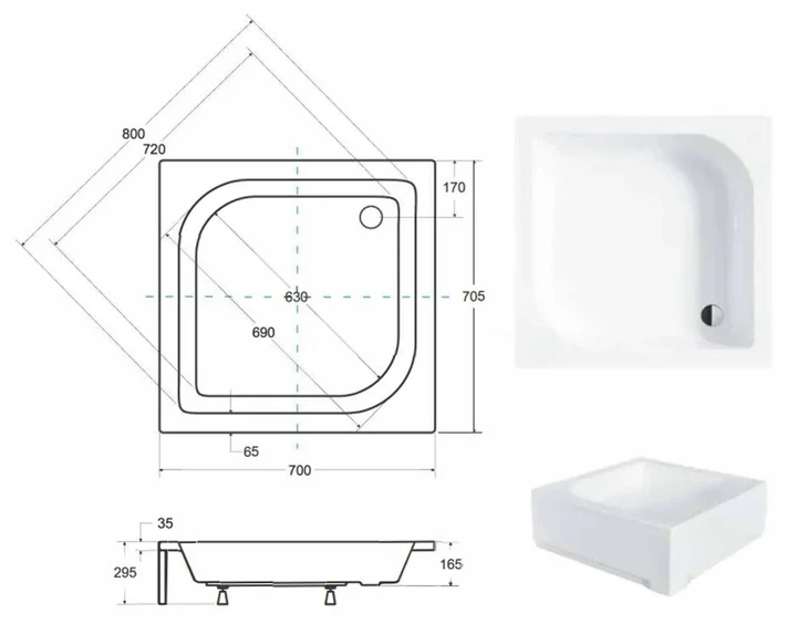 Душевой поддон квадратный BESCO ARES 70х70х15/29.5 см + ножки (NAVARA12503/5908239684105) - изображение 3