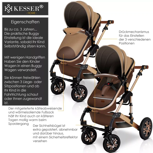 Детская коляска 3в1 с автокреслом KESSER 94 x 64 x 119 см коричневый с золотистым - изображение 5