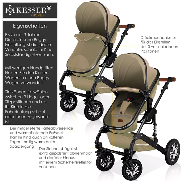 Детская коляска 3в1 с автокреслом KESSER 94 x 64 x 119 см бежевая с черными элементами - Фото 4 Детская коляска 3в1 с автокреслом KESSER 94 x 64 x 119 см бежевая с черными элементами - изображение 4