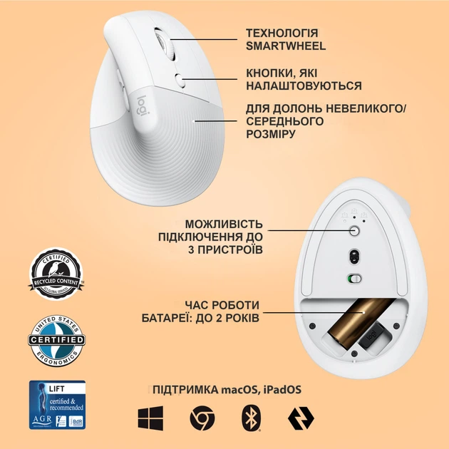 Мишка Logitech Lift Vertical Ergonomic Wireless/Bluetooth White (910-006475) - Фото 7 Мишка Logitech Lift Vertical Ergonomic Wireless/Bluetooth White (910-006475) - зображення 7