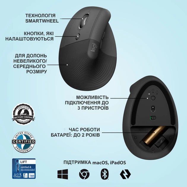 Мишка Logitech Lift Left Vertical Ergonomic Wireless/Bluetooth Graphite (910-006474) - изображение 6