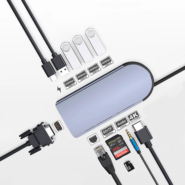 USB хаб, концентратор с быстрой зарядкой и HDMI FuXin 1939C (10 в 1, Type-C, VGA, RJ45, 100 Вт) - изображение 3