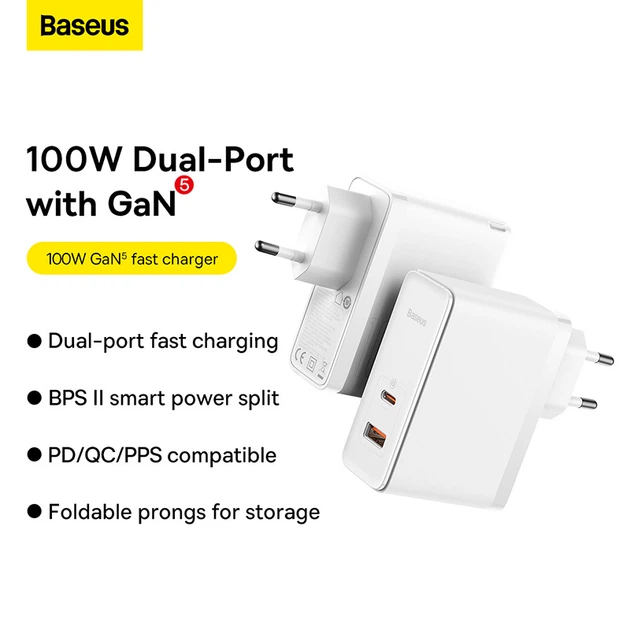 Мережевий зарядний пристрій Baseus GaN5 Pro Fast Charger C+U 100W EU White (With Mini White Cable Type-C to Type-C 100W(20V/5A) 1m White) (CCGP090202) - Фото 19 Мережевий зарядний пристрій Baseus GaN5 Pro Fast Charger C+U 100W EU White (With Mini White Cable Type-C to Type-C 100W(20V/5A) 1m White) (CCGP090202) - зображення 19
