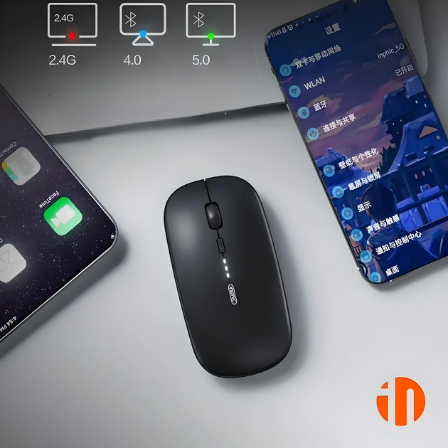 Мышь беспроводная INPHIC M1Pro+ с подключением USB 2.4ГГц + Bluetooth, аккумулятором, 2400 DPI, матовый чёрный - изображение 2