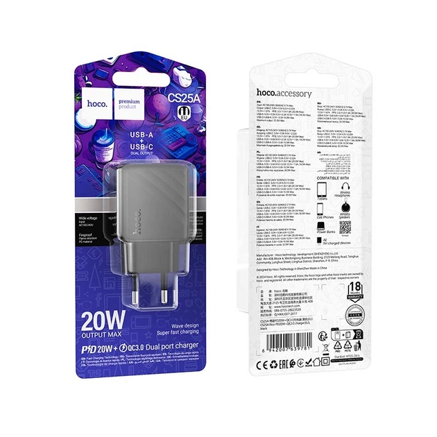 Адаптер HOCO CS25A Rico Charger — USB+USB‑C питание 20Вт (3А), черно-матовый корпус - Фото 6 Адаптер HOCO CS25A Rico Charger — USB+USB‑C питание 20Вт (3А), черно-матовый корпус - изображение 6