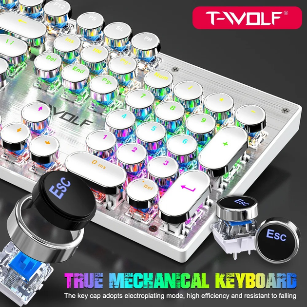 Белая проводная механическая игровая клавиатура TWolf T75 punk LED Blue Switch. - изображение 2