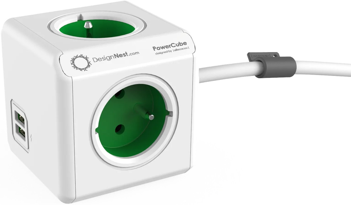 Rozgałęźnik sieciowy Allocacoc PowerCube Extended 2x USB, 4x type E (FR) 1.5m Green (2402GN/FREUPC) - obraz 1