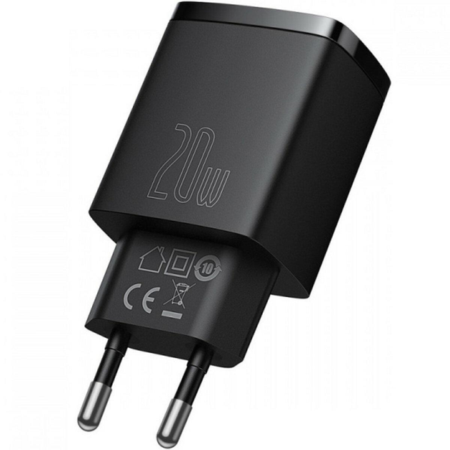 Мережевий зарядний пристрій Baseus Compact Quick Charger 20W USB + Type-C Black - Фото 2 Мережевий зарядний пристрій Baseus Compact Quick Charger 20W USB + Type-C Black - зображення 2