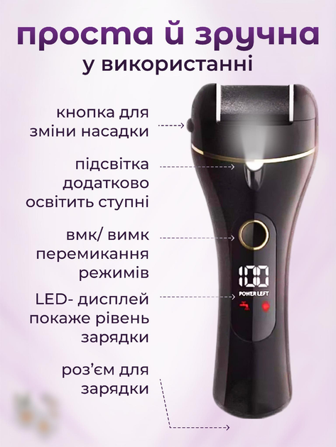 Пемза электрическая для ног роликовая пилка для домашнего педикюра удаление ороговевшей кожи комплексный набор для ухода за кожей LED дисплей 3 насадки 14в1 - изображение 5