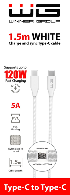 Kabel Winner Group USB Type-C - USB Type-C 120 W 1.5 m White (8591194114038) - obraz 2