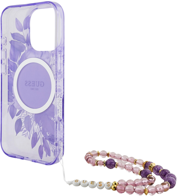 Панель Guess Hardcase IML Flowers With Pearl Strap MagSafe для Apple iPhone 16 Pro Max Purple (GUHMP16XHFWBRCESU) - зображення 6