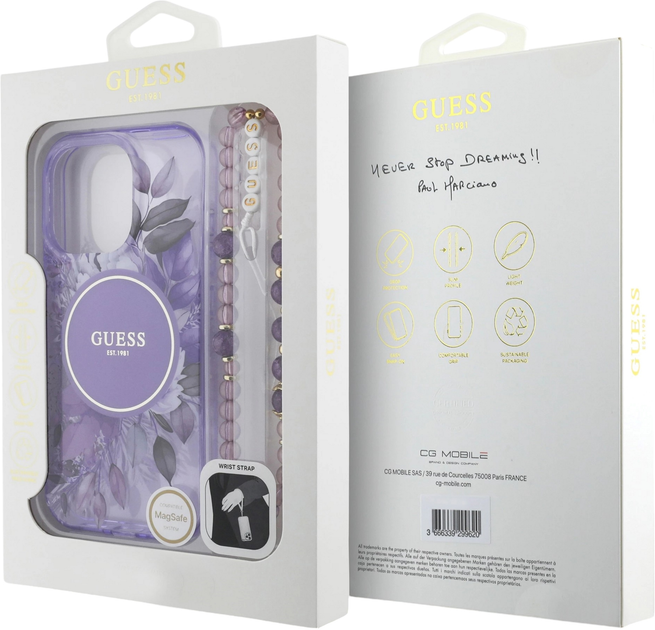 Панель Guess Hardcase IML Flowers With Pearl Strap MagSafe для Apple iPhone 16 Pro Max Purple (GUHMP16XHFWBRCESU) - зображення 7
