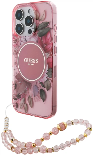 Etui Guess Hardcase IML Flowers With Pearl Strap MagSafe do Apple iPhone 16 Pro Max Pink (GUHMP16XHFWBRCESP) - obraz 2