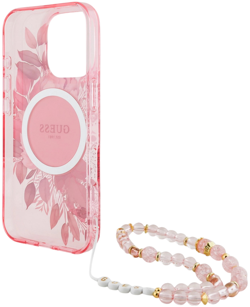 Etui Guess Hardcase IML Flowers With Pearl Strap MagSafe do Apple iPhone 16 Pro Max Pink (GUHMP16XHFWBRCESP) - obraz 6
