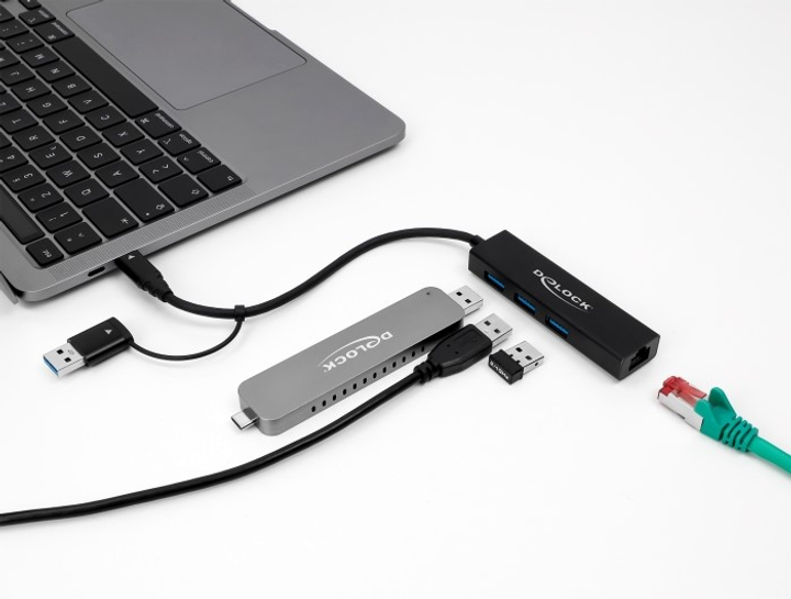 USB-хаб Delock 3 Port USB 3.2 Gen 1 + Gigabit LAN (4043619641499) - зображення 2