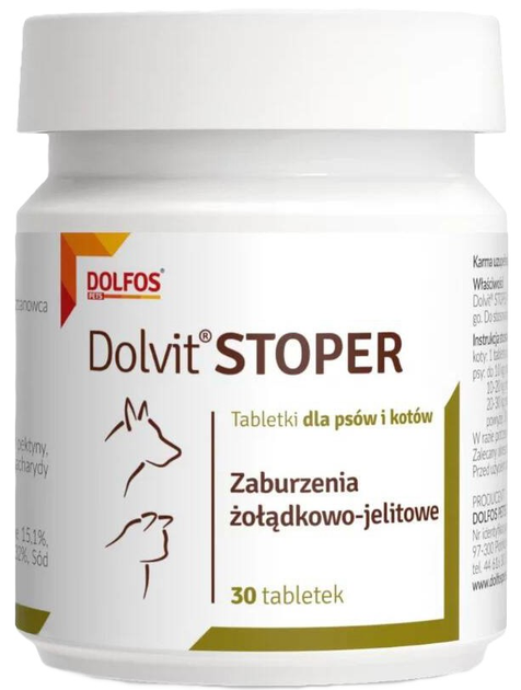 Tabletki dla psów i kotów Dolfos Dolvit Stoper zaburzenia żołądkowo-jelitowe 30 tabletek (5902232645934) - obraz 1