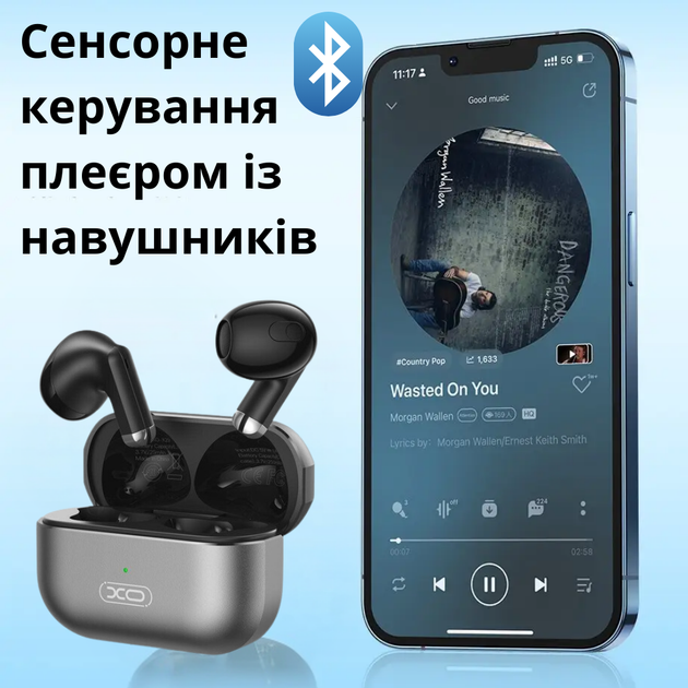 Беспроводные наушники Bluetooth 5.3 черные мини вкладыши с микрофоном для телефона и планшета с кейсом зарядным блютуз tws XO Meteorite - изображение 2