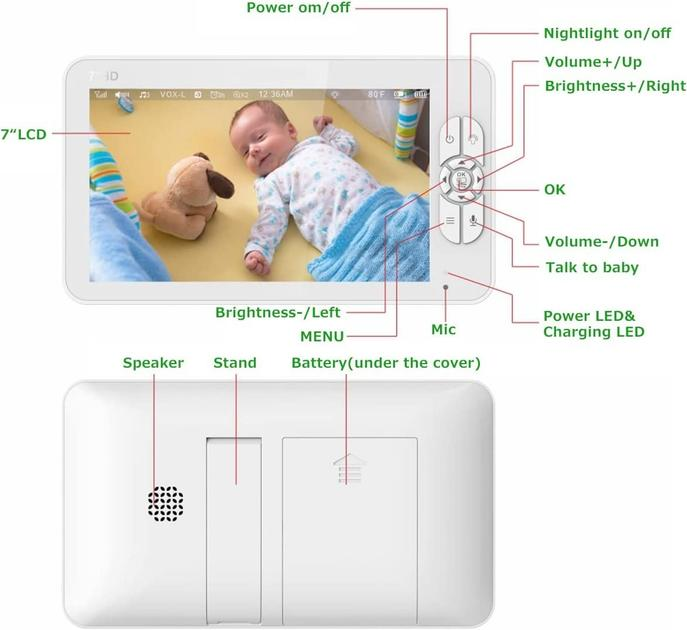 Видеоняня Baby Monitor SM-70PTZ с 7-дюймовым ЖК-монитором+гибкий держатель камеры, аккумулятор 4000 mah(24 часа работы), обзор 355 град, датчиком звука, ночное видение, поворотная радионяня и измерением температуры - изображение 11